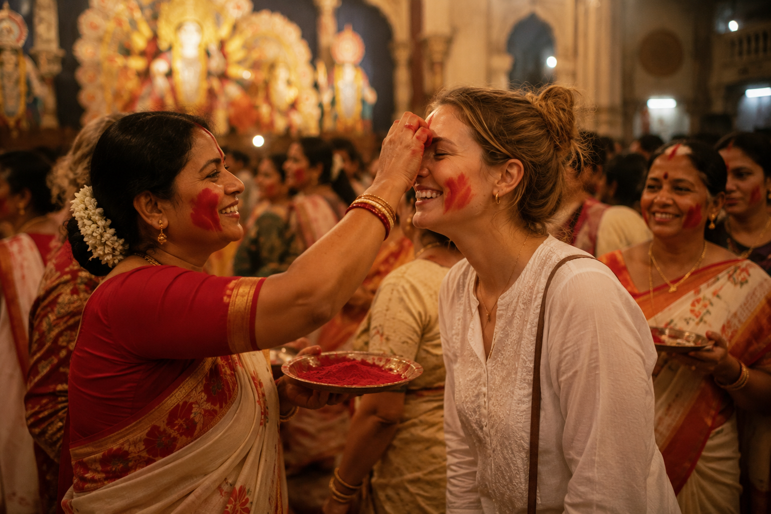 Bengali woman applying sindur to a foreign guest — Sindur Khela